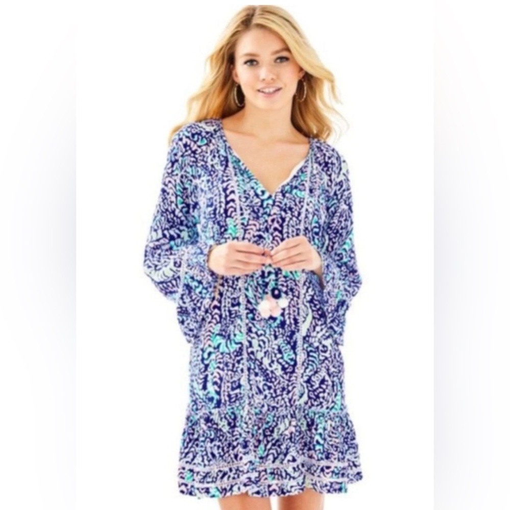 Lilly Pulitzer Percilla Tunic Dress Blue Grotto Print Tassels Size XS Lined
